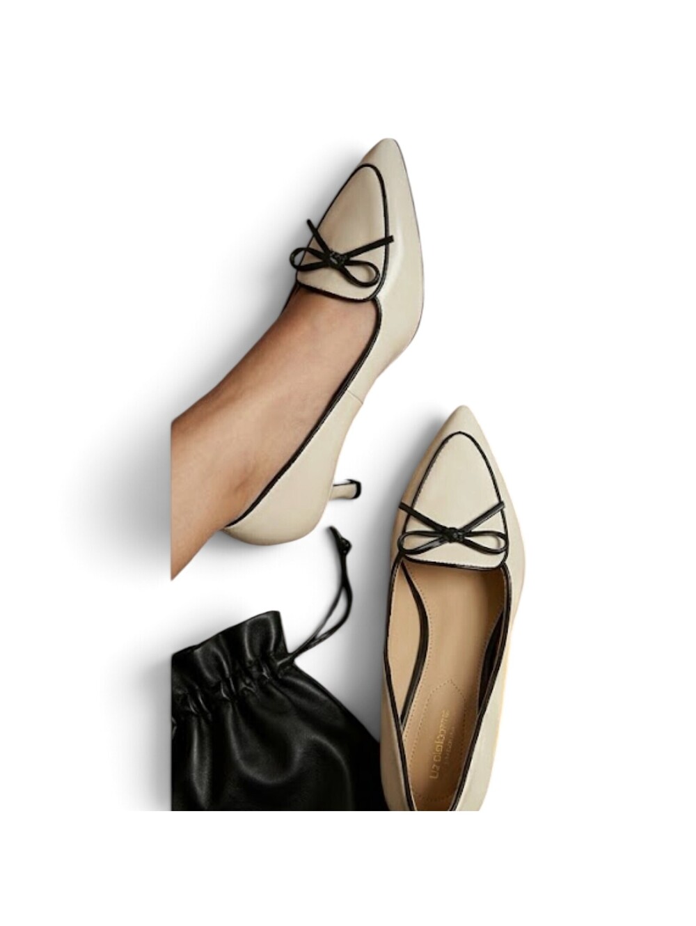 Liz Claiborne Cream Pointed Toe Kitten Heel Pumps Black Bow